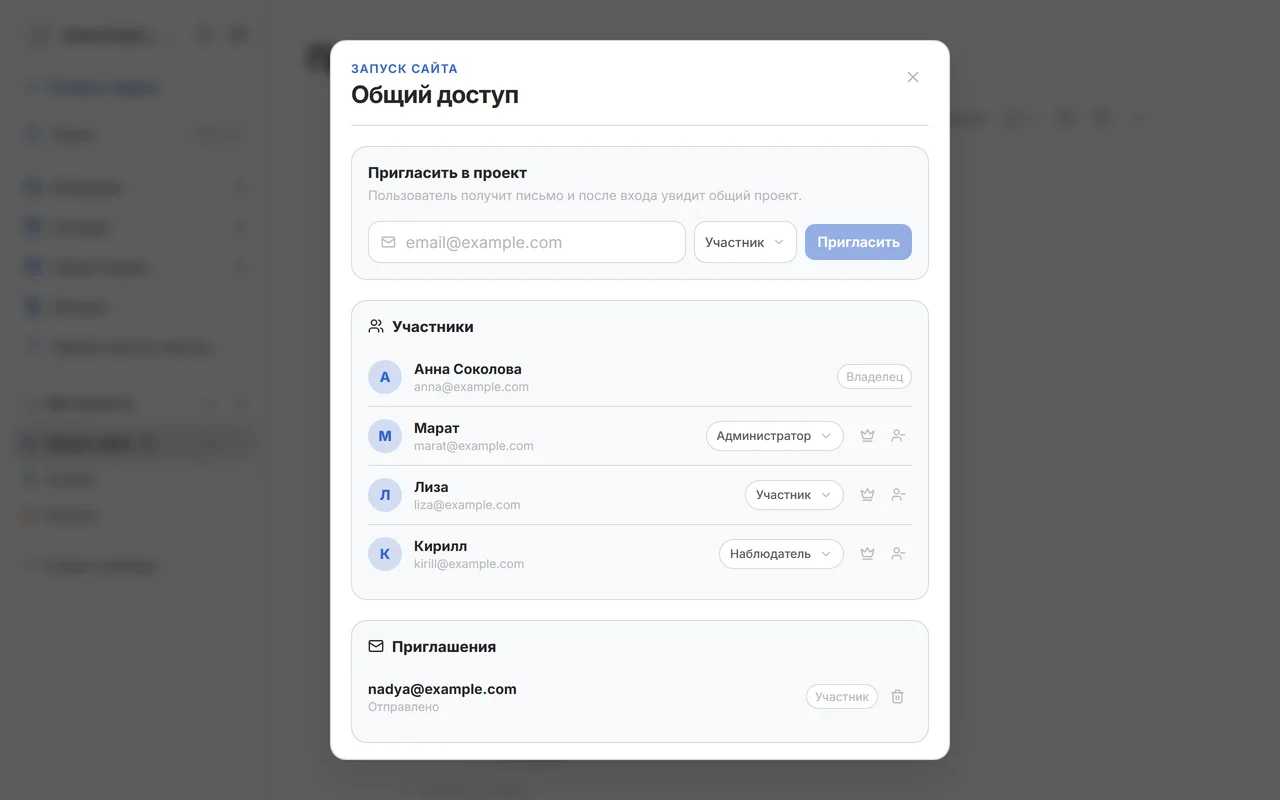 Окно «Общий доступ»: участники проекта с ролями владельца, администратора, участника и наблюдателя, приглашение по email